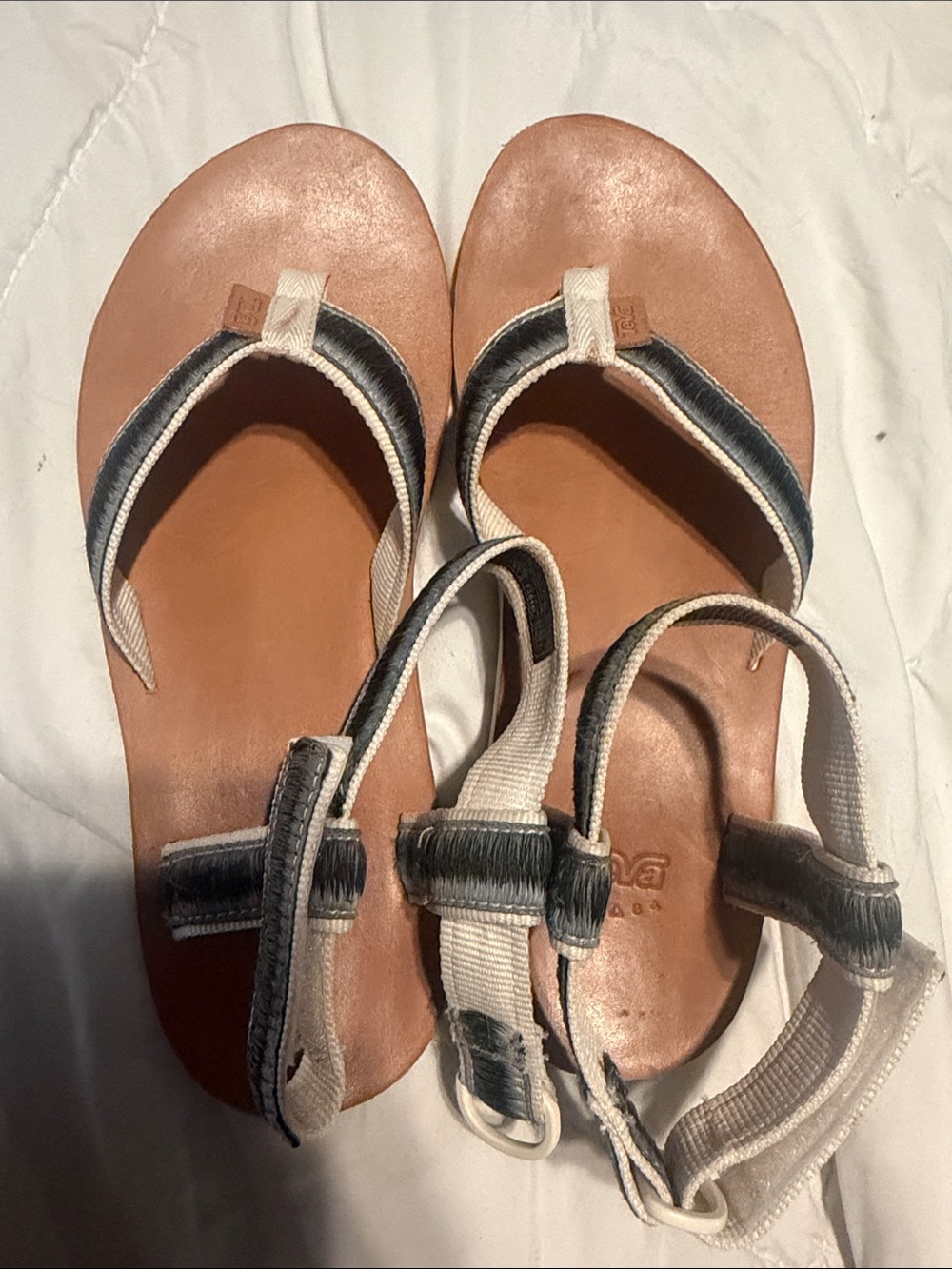 Teva Women's Tan Footbed Sandals with Blue & Cream Straps